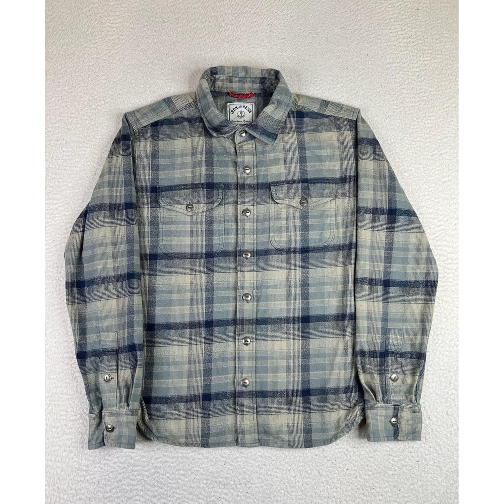 Iron And Resin Mens Medium Blue Plaid Flannel Snap Button Up Casual Shirt